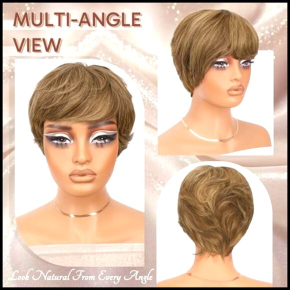 Pixie Cut Human Hair Wig Glueless Layered Wavy Short With Bangs main image 4